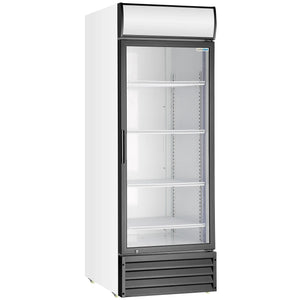 Duracold P600WB 28-inch single glass door display refrigerator in white and black with lit header and shelves, angled view