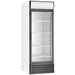 Duracold P600WB 28-inch single glass door display refrigerator in white and black with lit header and shelves, angled view