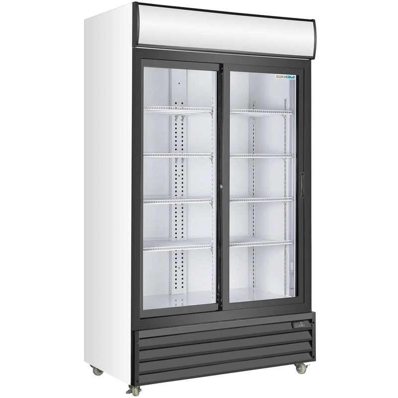 Duracold P800WA 40-inch double sliding glass door display refrigerator in white and black with lit header, angled view