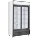 Duracold P800WA 40-inch double sliding glass door display refrigerator in white and black with lit header, angled view