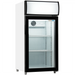 Duracold P80FA countertop display refrigerator with black-framed glass door, lit header and wire shelves, front view