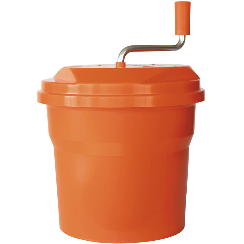 Dynamic E001 SD99 manual salad spinner, 2.5 gallon orange plastic bowl with lid and crank handle