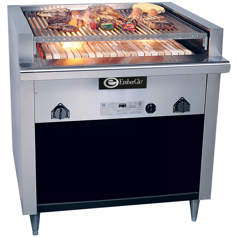 Emberglo 25F natural gas/propane floor model radiant 26 inch charbroiler in stainless steel, shown grilling steaks