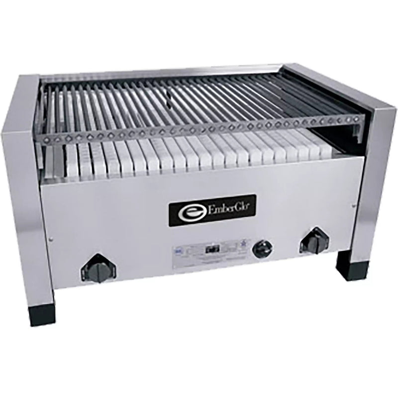 Emberglo 31C natural gas/propane countertop radiant 36 inch charbroiler, stainless steel body with grate, angled view
