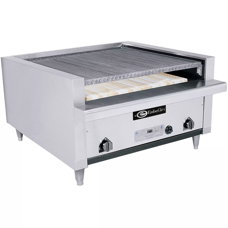 Emberglo 41C natural gas/propane countertop extra deep radiant 36 inch charbroiler, stainless steel, angled view