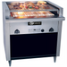 Emberglo 41F natural gas/propane floor model extra deep radiant 36 inch charbroiler on a stand, shown grilling steaks
