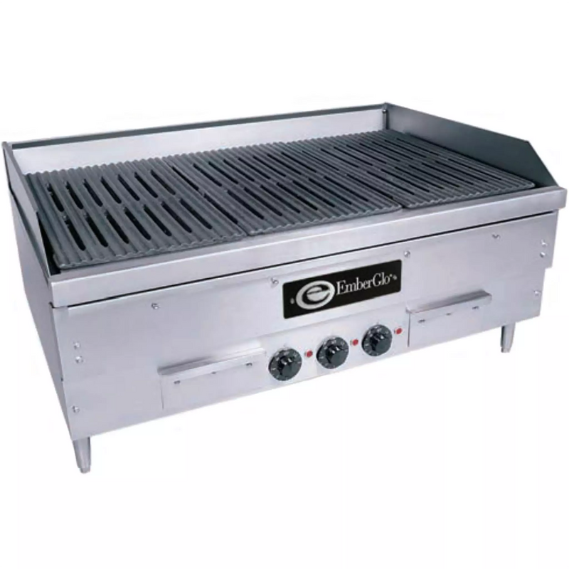 Emberglo E2436 electric countertop radiant 36 inch charbroiler, stainless steel with cast grates and three control knobs