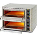 Equipex PZ-430D electric 17-inch double deck countertop pizza oven with both doors open showing heated decks