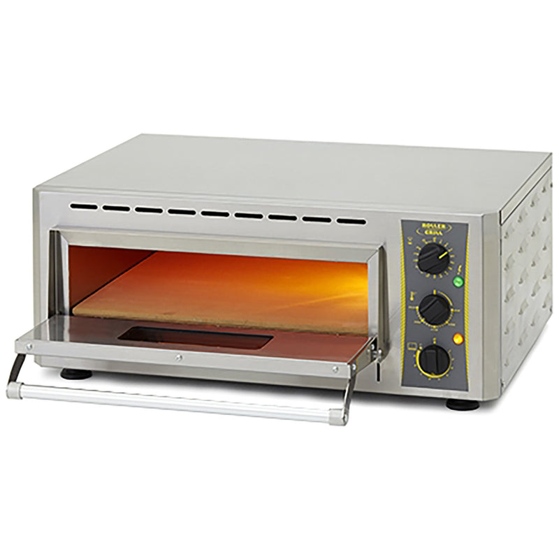 Equipex PZ-430S electric 17-inch single deck countertop pizza oven with door open showing the heated baking deck