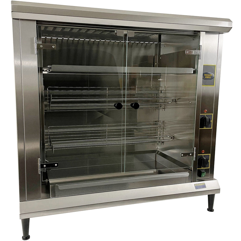 Equipex RBE-8 electric chicken rotisserie for 6 to 8 birds, stainless steel with glass doors and spits, front view