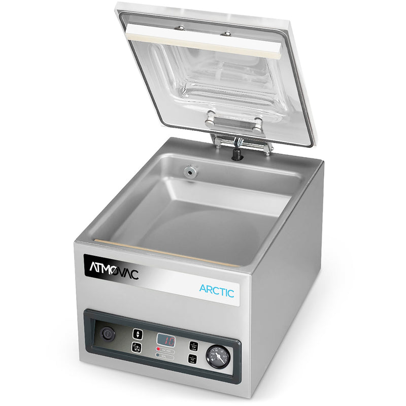 Eurodib Atmovac ARCTIC11 stainless steel tabletop chamber vacuum sealer with clear acrylic lid open, angled view