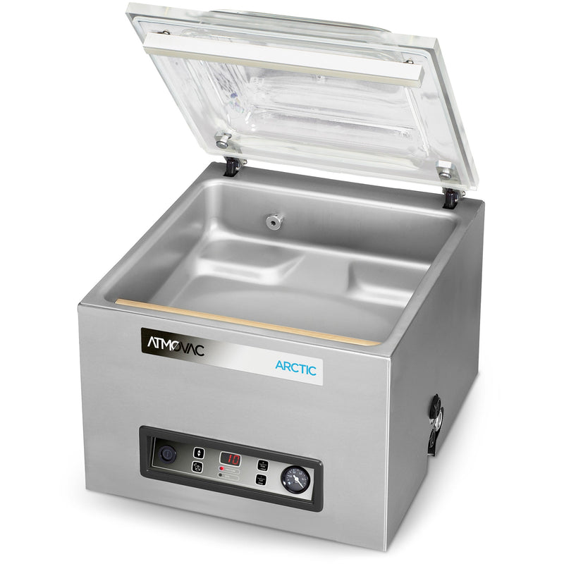 Eurodib Atmovac ARCTIC16 stainless steel chamber vacuum sealer with clear lid open and sealing bar, angled view