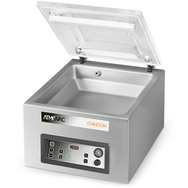 Eurodib Atmovac CHINOOK14 stainless steel chamber vacuum sealer with lid open and digital control panel, angled view