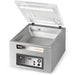 Eurodib Atmovac CHINOOK14 stainless steel chamber vacuum sealer with lid open and digital control panel, angled view