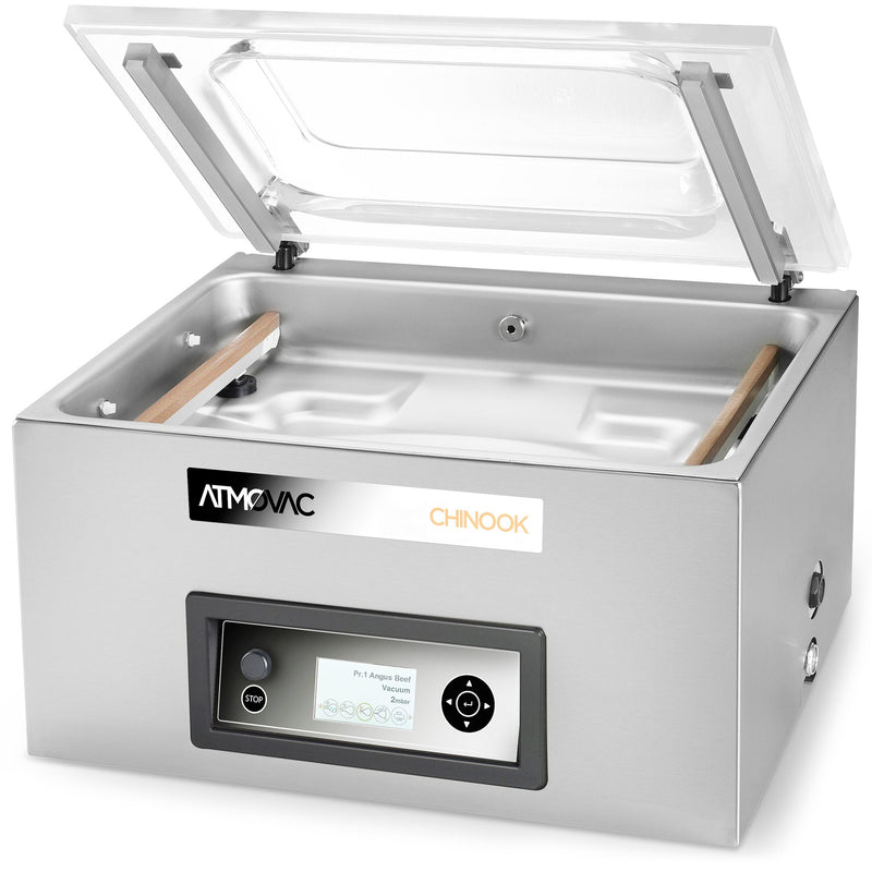 Eurodib Atmovac CHINOOK16 countertop chamber vacuum sealer, lid open, option with digital display control panel