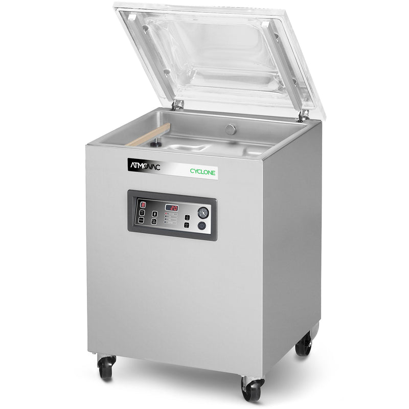 Eurodib Atmovac CYCLONE201D floor model chamber vacuum sealer in stainless steel on casters, lid open, first option