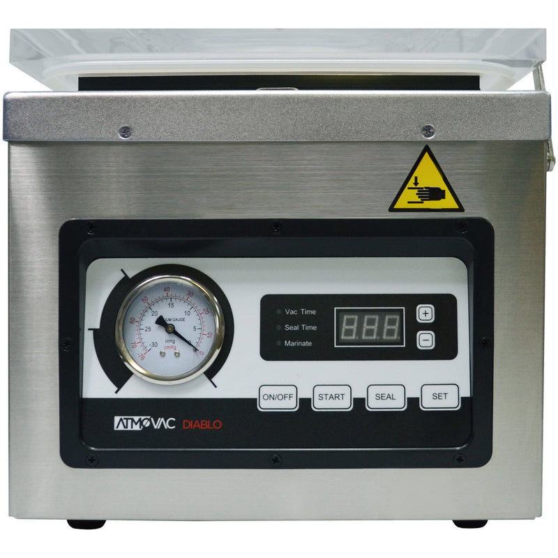 Eurodib Atmovac DIABLO12 stainless steel chamber vacuum sealer, front close-up of vacuum gauge and digital controls