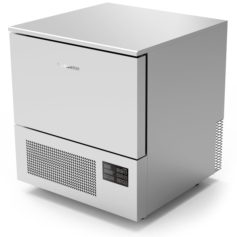 Eurodib ECOBLAST320 stainless steel countertop blast chiller/freezer with door closed and side control panel, angled