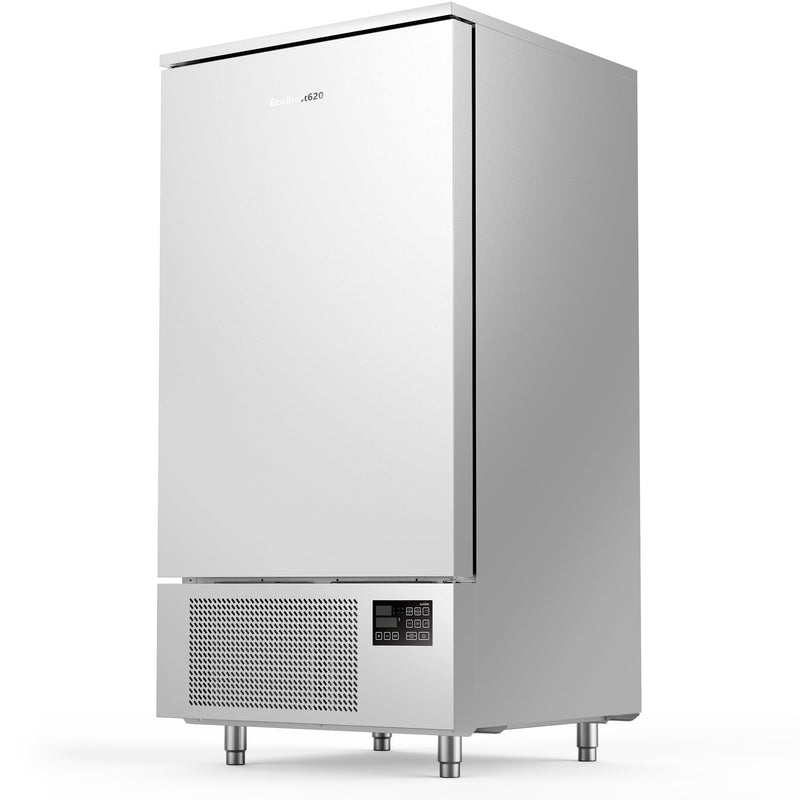 Eurodib ECOBLAST620 stainless steel reach-in blast chiller/freezer with solid door on legs, angled front view