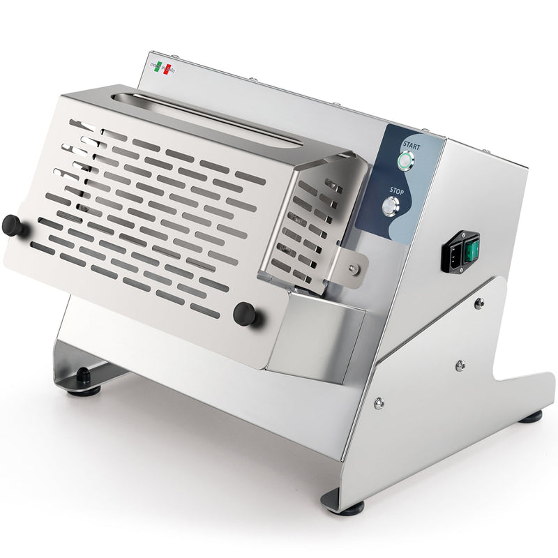 Eurodib P-ROLL-320/1+ stainless steel single pass dough sheeter with 13-inch roller and perforated guard, angled view