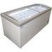 Excellence HM-23HC 74-inch island display chest freezer, white cabinet with curved sliding glass lids, angled view