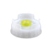 FIFO dispensing cap in white plastic with a yellow valve fitted in the centre, alternate valve size option