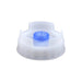 FIFO dispensing cap in white plastic with a blue valve fitted in the centre, alternate valve size option