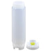 FIFO squeeze bottle in a tall slim size, clear polypropylene bottle beside its white dispensing cap with yellow valve