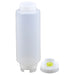 FIFO squeeze bottle in a mid-height size, clear plastic bottle next to its white cap with yellow dispensing valve