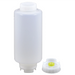 FIFO squeeze bottle in the widest size option, clear plastic bottle next to its white cap with yellow dispensing valve