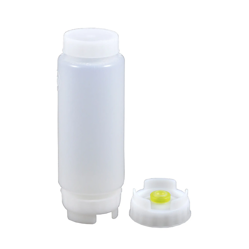 FIFO squeeze bottle, smallest size, clear polypropylene bottle shown beside its white dispensing cap with yellow valve