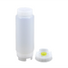 FIFO squeeze bottle, smallest size, clear polypropylene bottle shown beside its white dispensing cap with yellow valve