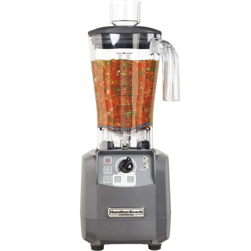 Hamilton Beach HBF600R Expeditor 64 oz culinary blender with clear container of blended vegetables, front