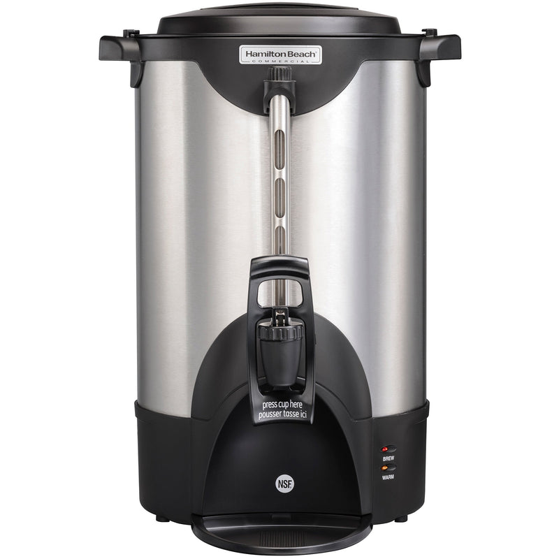 Hamilton Beach HCU040S insulated 40 cup coffee/tea percolator in stainless steel with black base and lid, front