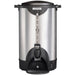 Hamilton Beach HCU100S insulated 100 cup coffee/tea percolator in stainless steel with black handles, front view