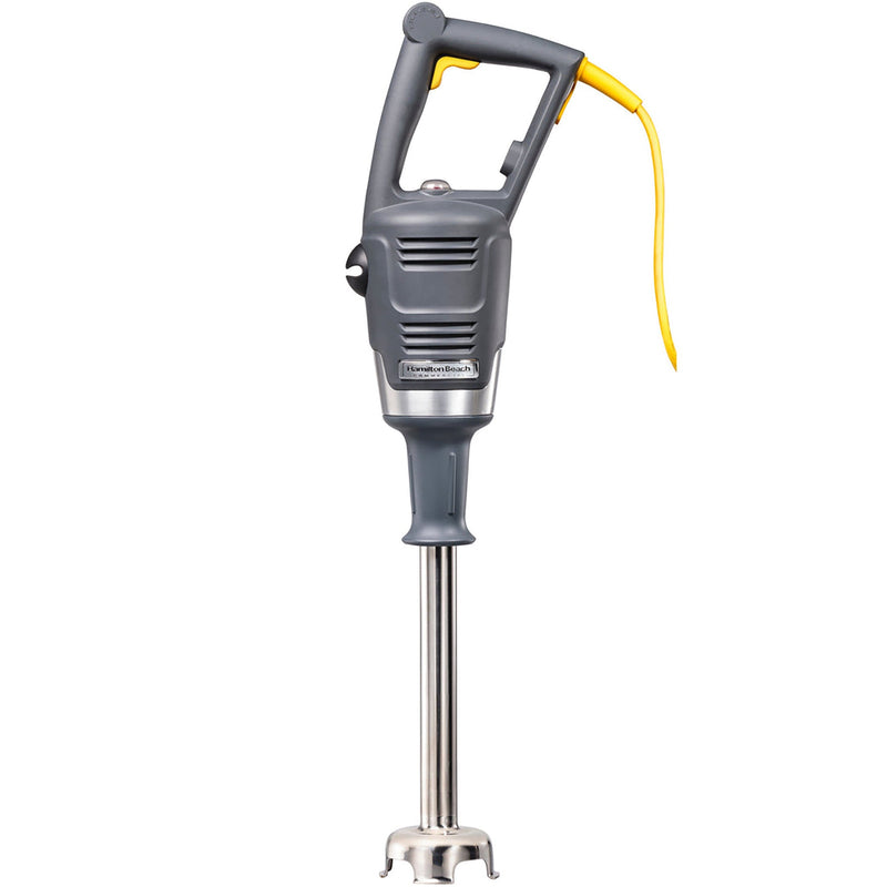 Hamilton Beach HMI series commercial immersion blender in grey with yellow cord, shown with the 12 inch blending arm