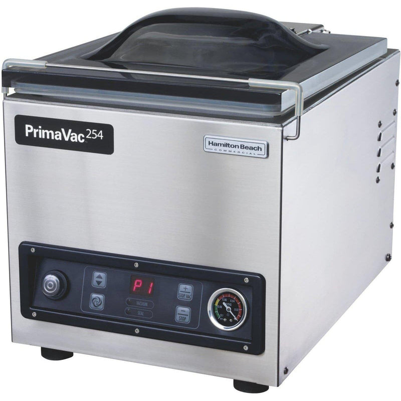 Hamilton Beach HVC254 chamber vacuum sealing machine in stainless steel with clear lid and digital panel, front
