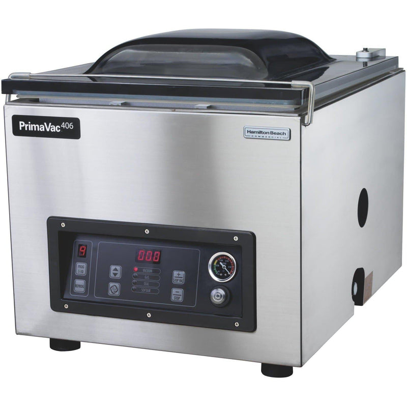 Hamilton Beach HVC406 chamber vacuum sealing machine in stainless steel with clear lid and digital panel, front