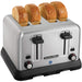Hamilton Beach 24855 commercial 4 slot pop-up toaster in brushed stainless steel with four toasted bread slices