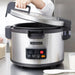 Hamilton Beach 37590 90 cup rice cooker/warmer with the hinged lid being opened to show the non-stick inner pot