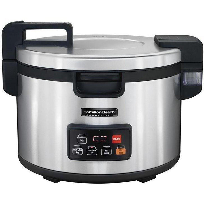 Hamilton Beach model 37590 commercial 90 cup rice cooker/warmer in stainless steel with black handles, front view