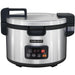 Hamilton Beach model 37590 commercial 90 cup rice cooker/warmer in stainless steel with black handles, front view