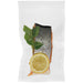 Hamilton Beach smooth in-chamber vacuum bag, clear pouch sealed around a salmon fillet with lemon slices and herbs