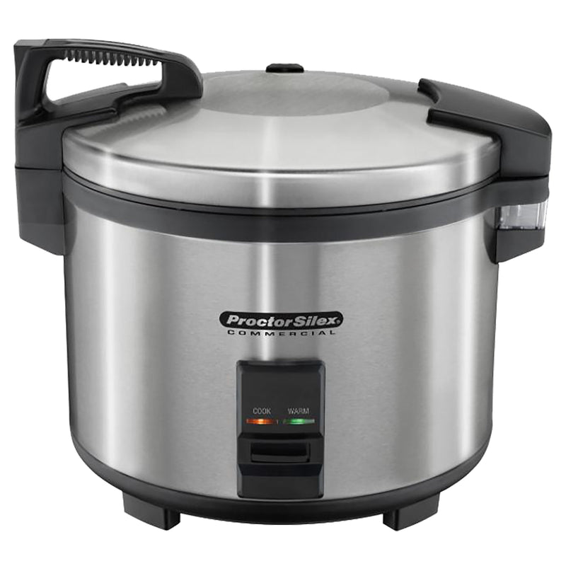 Hamilton Beach/Proctor Silex 37560R commercial 60 cup rice cooker/warmer in stainless steel with black handles, front
