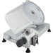 Hobart Centerline EDGE12 manual meat slicer, rear angled view showing the blade cover and aluminum motor housing