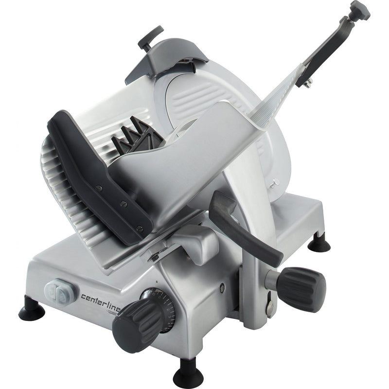 Hobart Centerline EDGE12 manual aluminum meat slicer with 12-inch blade and black pusher arm, angled front view