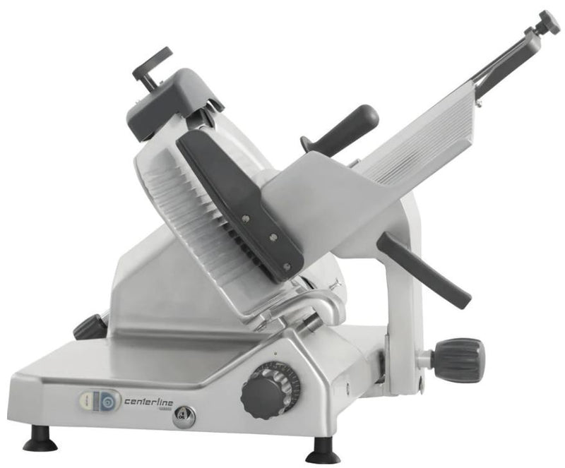 Hobart Centerline EDGE14 manual aluminum meat slicer with 14-inch blade, tilted carriage and pusher arm, angled view