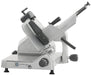 Hobart Centerline EDGE14 manual aluminum meat slicer with 14-inch blade, tilted carriage and pusher arm, angled view