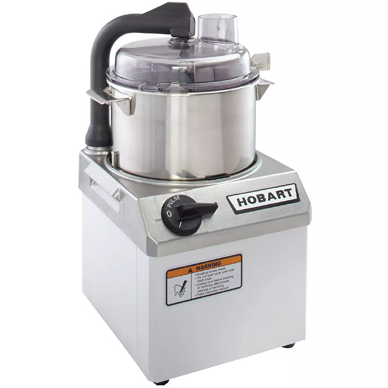 Hobart FP41 4 qt bowl style food processor with clear lid, stainless steel bowl and grey Hobart base, angled view