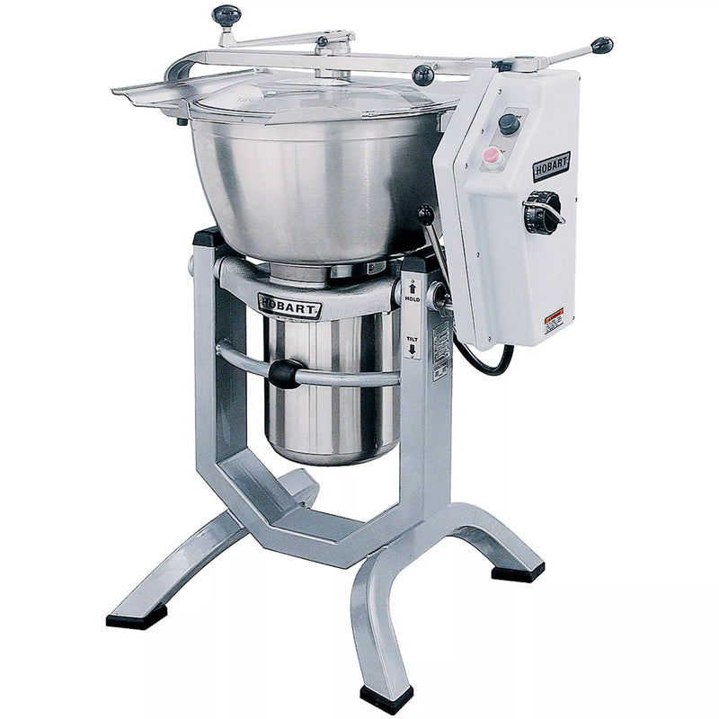 Hobart HCM450 45 qt vertical food processor and mixer, stainless steel tilting bowl on grey stand with side controls